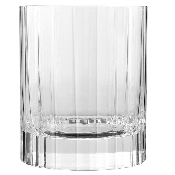 A clear Luigi Bormioli water glass with a ribbed rim.