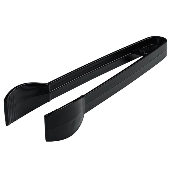 A pair of black Fineline Platter Pleasers ridged plastic tongs.