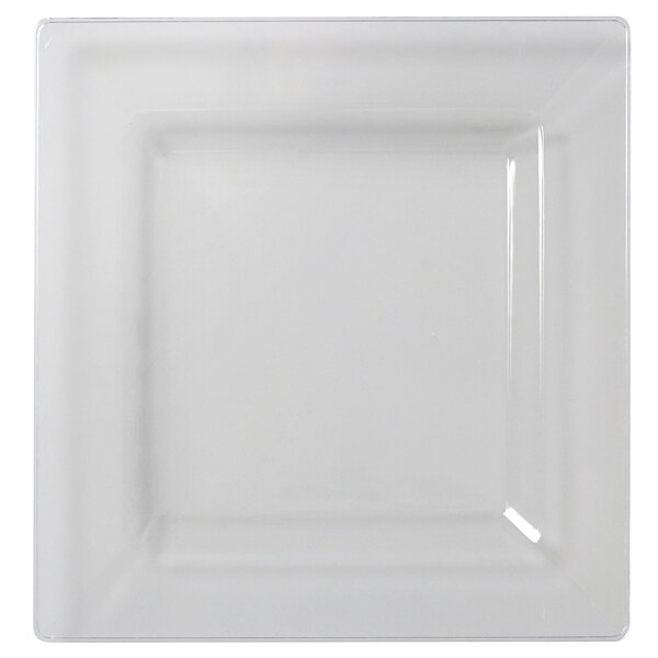 A clear square plastic dinner plate with a square edge.