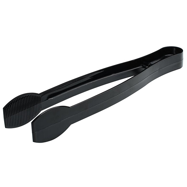 A pair of black ridged plastic tongs with a black handle.