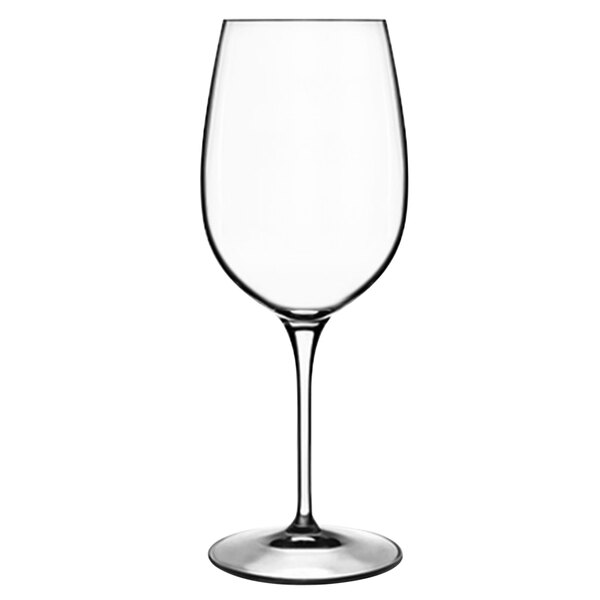 A close-up of a Luigi Bormioli Ricco red wine glass with a stem.