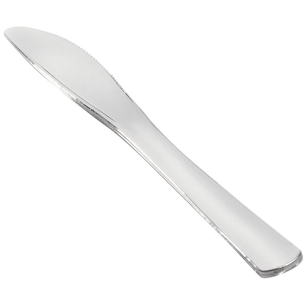 A Fineline silver plastic knife on a white background.