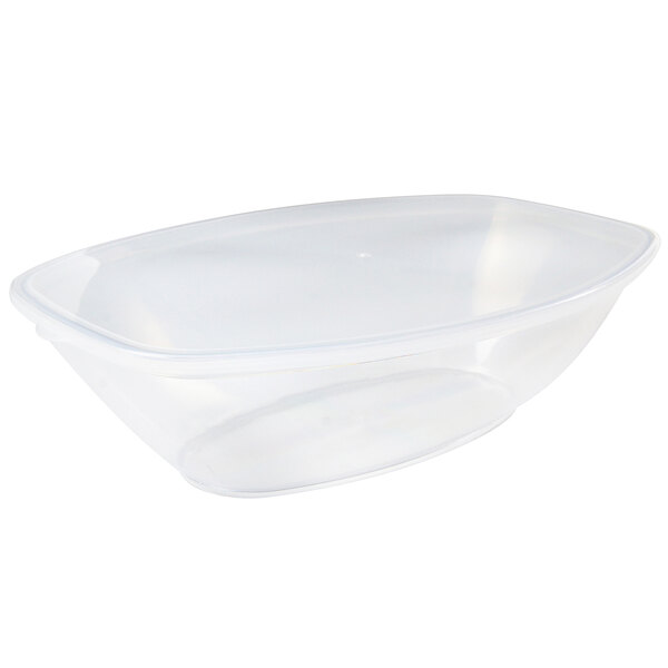 A clear plastic Fineline oval bowl lid.