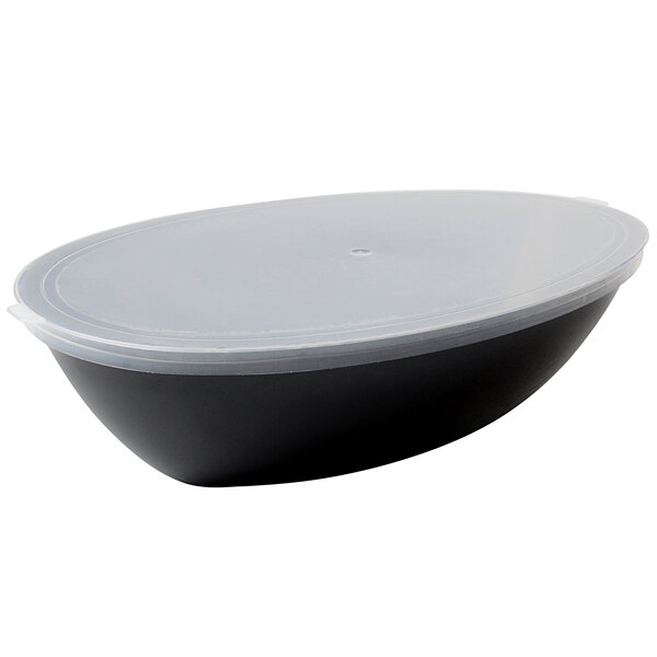 A clear polypropylene flat oval bowl lid on a black plastic container.