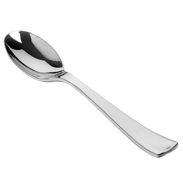 A Fineline silver plastic serving spoon with a silver handle.