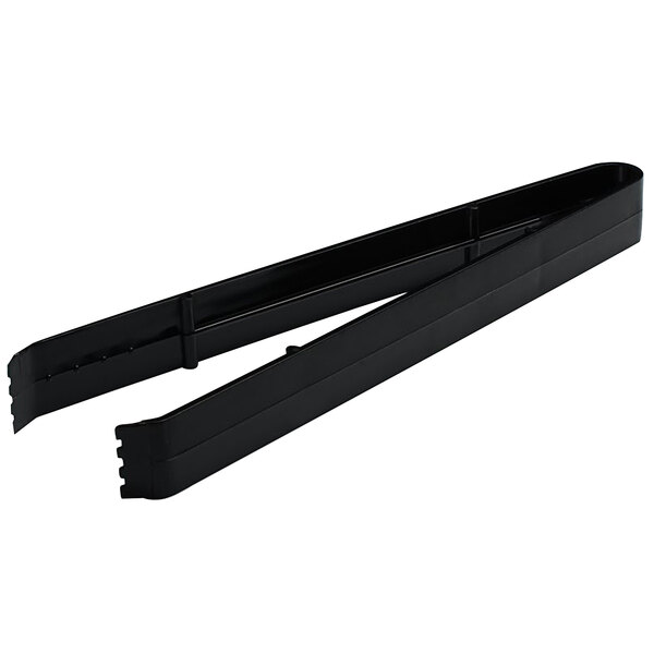 A pair of black plastic tongs with serrated edges.