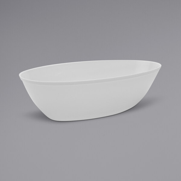 A close up of a Fineline white polystyrene bowl.