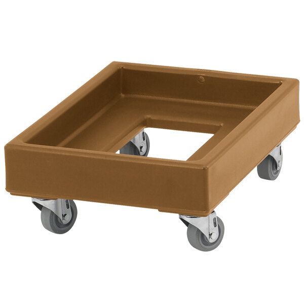 A brown plastic dolly with wheels.