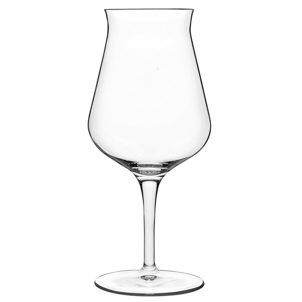 A clear Luigi Bormioli Birrateque beer tester glass with a stem on a white background.