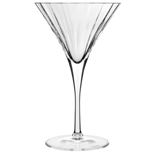 A close-up of a Luigi Bormioli Bach martini glass with a stem and thin rim.