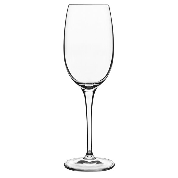 A close-up of a Luigi Bormioli Vinoteque liqueur glass with a long stem.
