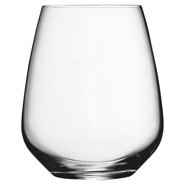 A Luigi Bormioli stemless wine glass with a white background.