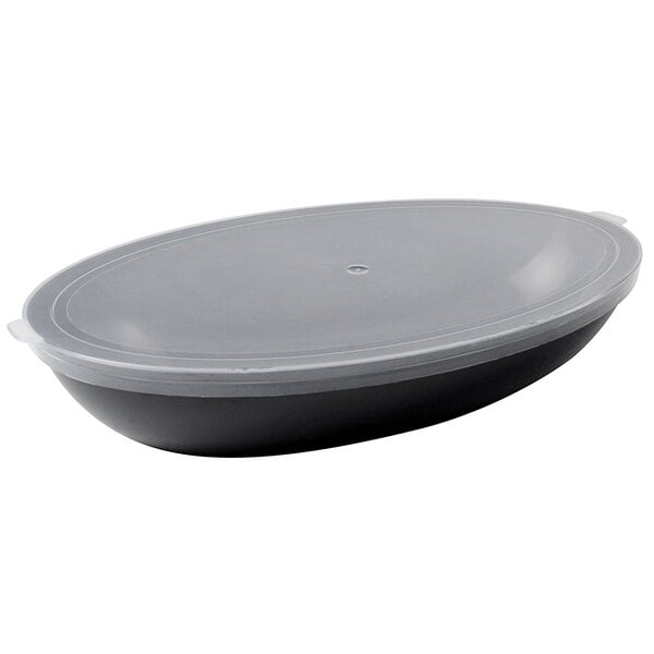 A clear polypropylene flat oval bowl lid on a grey plastic container.