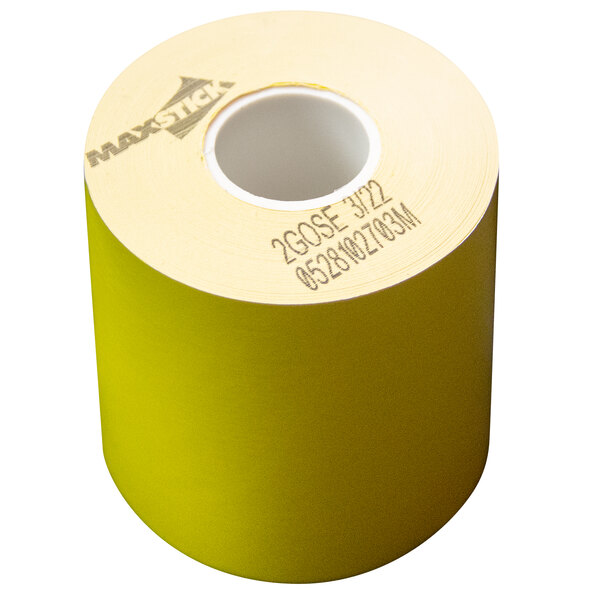 A roll of MAXStick canary yellow thermal paper with numbers and words on it.