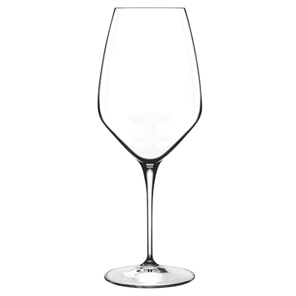 A close-up of a Luigi Bormioli Atelier Riesling wine glass with a stem.