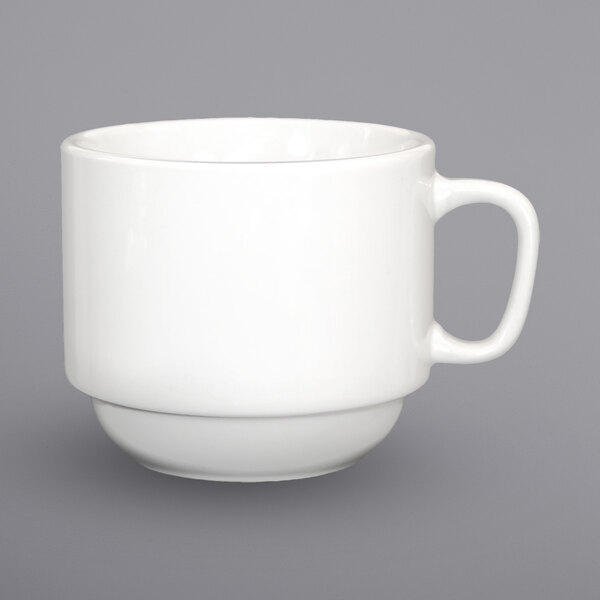 A white International Tableware porcelain mug with a handle.