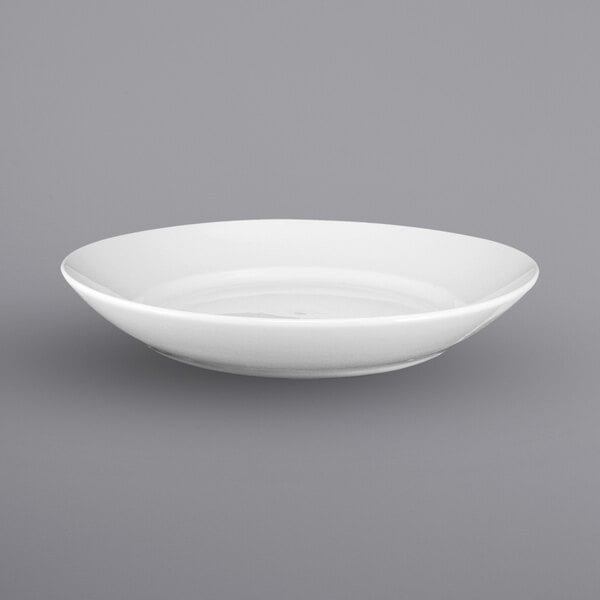 A white bowl with a small rim on a white background.