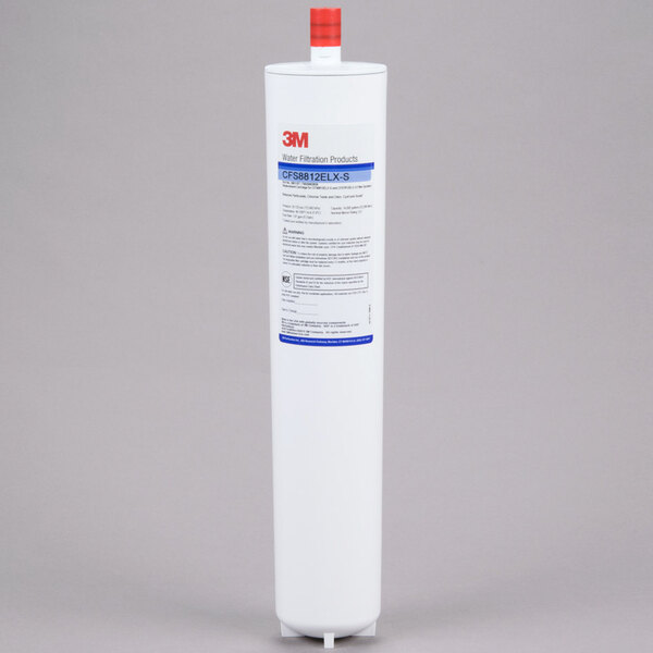 A white 3M water filtration cartridge with a red cap.