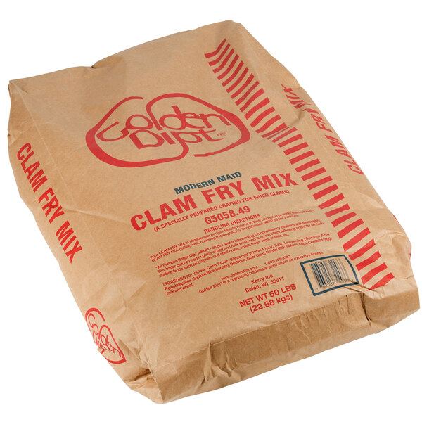 A brown bag of Golden Dipt New England Style Clam Fry Breader Mix with red and white text.