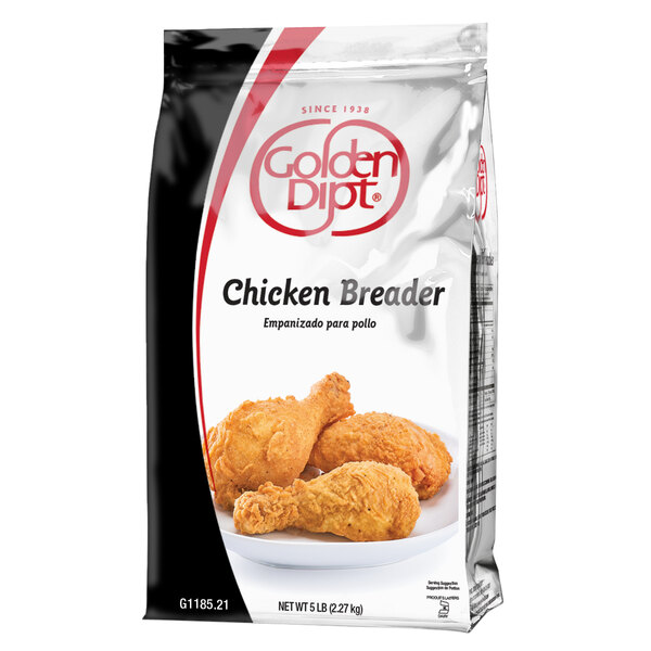A bag of Golden Dipt chicken breader on a white background.