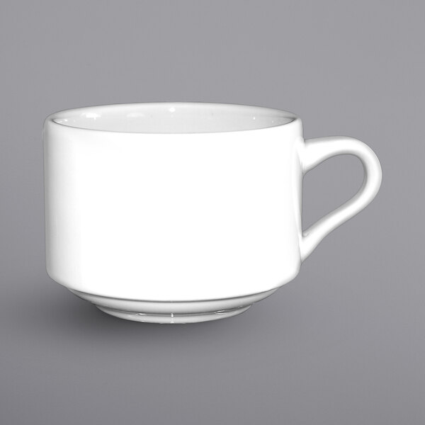 A white International Tableware porcelain cup with a handle.