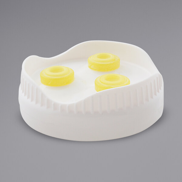 A white plastic container with a FIFO Innovations Portion Pal 3-valve dispenser cap with three yellow round buttons.