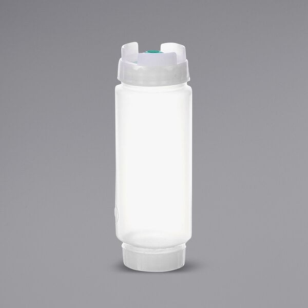 A clear plastic FIFO Innovations double wide-mouth squeeze bottle with a green lid.