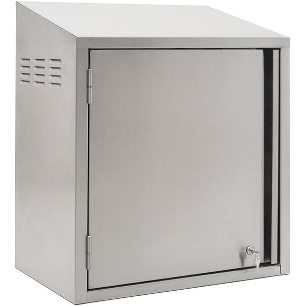 A Eagle Group stainless steel wall cabinet with a key lock on a white wall.