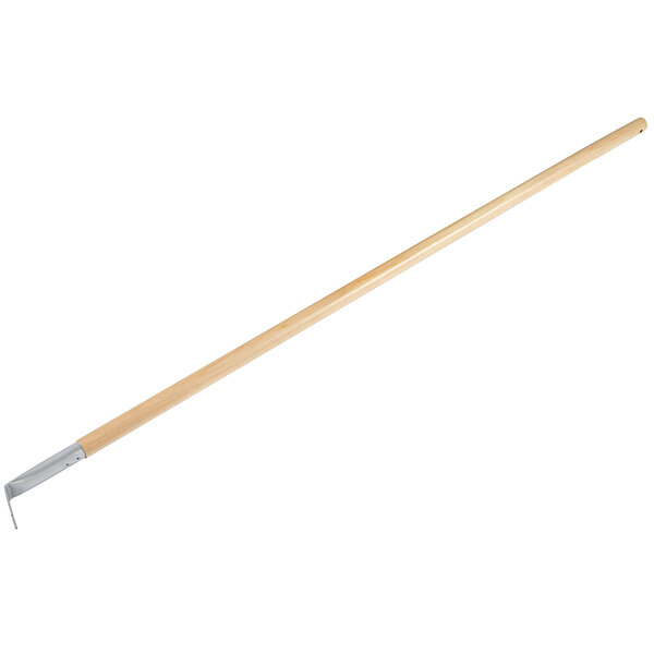 A long wooden stick with a metal handle.