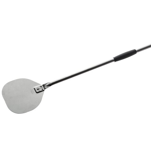 A stainless steel pizza peel with a long handle.
