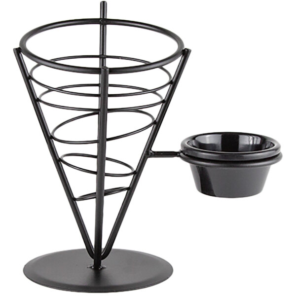 An American Metalcraft black wrought iron wire fry basket with a bowl holder.
