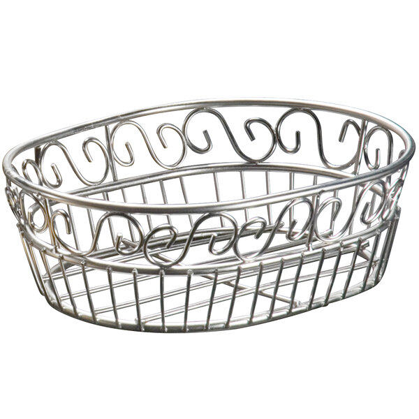 An American Metalcraft stainless steel oblong wire scroll basket with a spiral design.