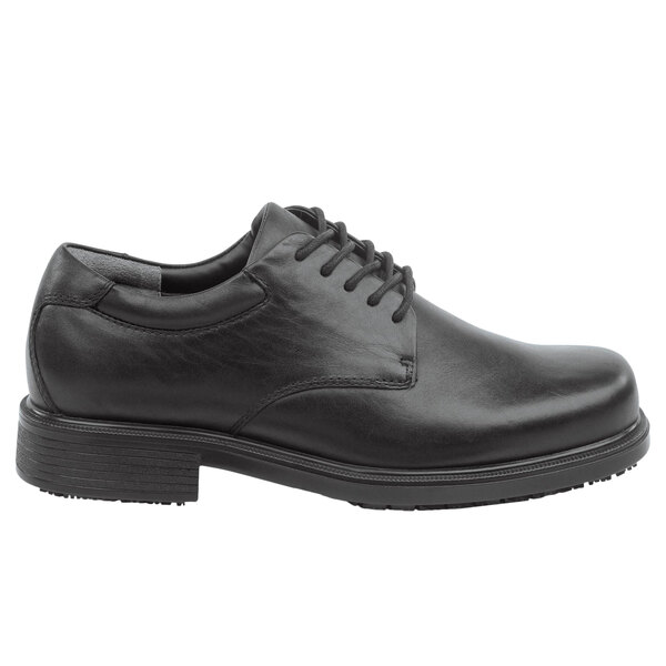 A Rockport Works black leather oxford dress shoe for men with laces.