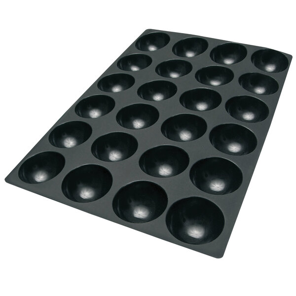 A black silicone baking mold with 24 half circle cavities.