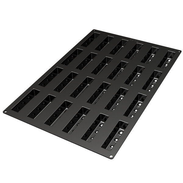 A black rectangular Silikomart silicone baking mold with 24 square compartments.