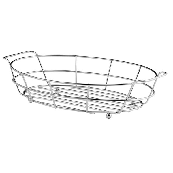 A chrome wire basket with handles.
