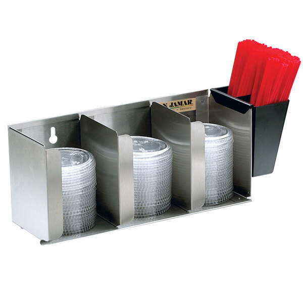 A San Jamar stainless steel countertop lid organizer with straw caddy holding lids and straws.