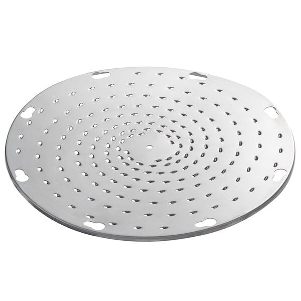 A stainless steel circular plate with holes for a #12 and #22 slicer and shredder attachments.