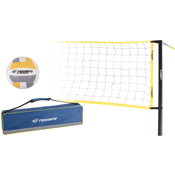 A Triumph volleyball net and bag set with a volleyball.