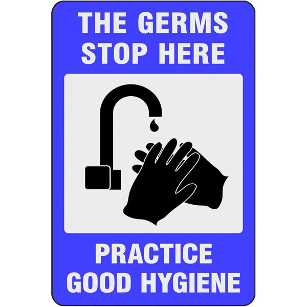 A blue and white floor mat with a black silhouette of hands and the words "good hygiene"