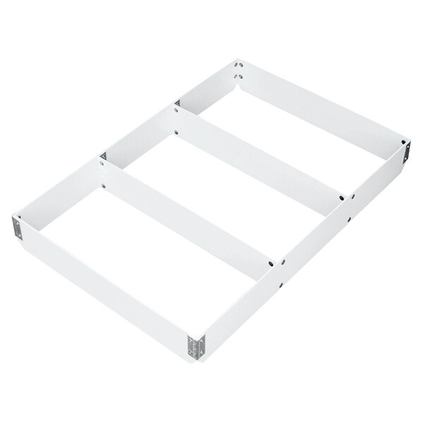 A white rectangular MFG Tray fiberglass sheet pan extender divided lengthwise with metal corners.