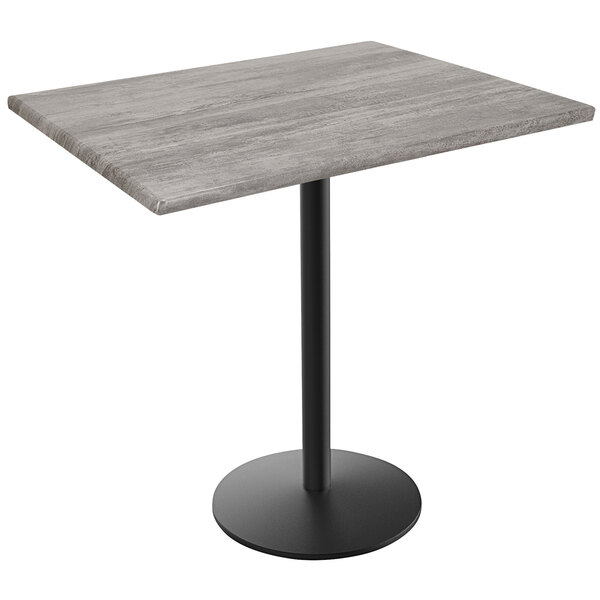 A Holland Bar Stool EnduroTop bar height table with a black base and greystone wood laminate top.