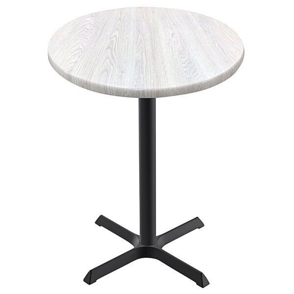 A white Holland Bar Stool EnduroTop bar height table with a white ash wood laminate top and cross base.