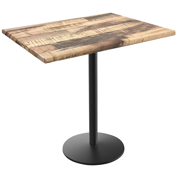 A Holland Bar Stool EnduroTop bar height table with a rustic wood surface on a black metal stand.