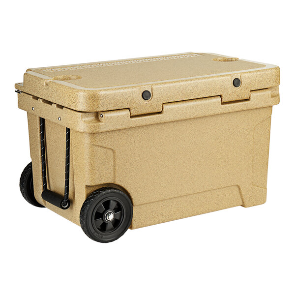 A beige CaterGator outdoor cooler with black wheels.