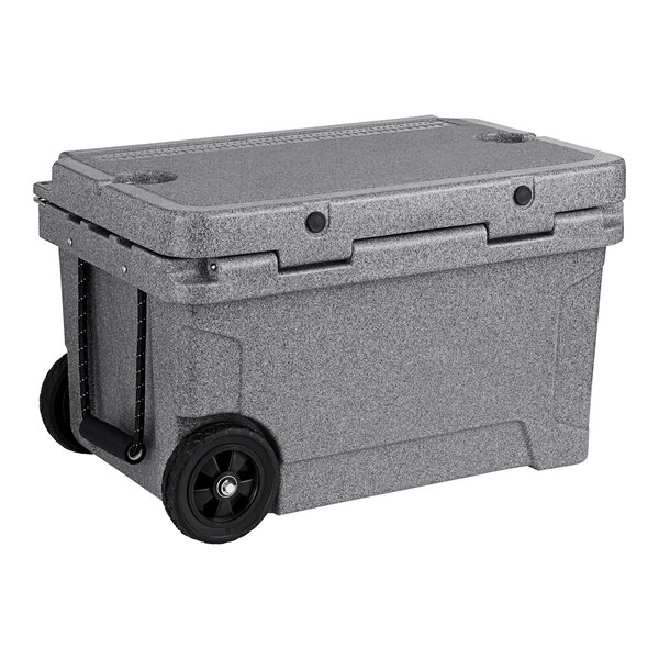 A gray CaterGator outdoor cooler with wheels.