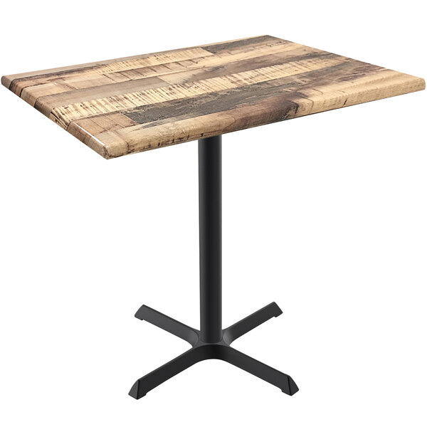 A Holland Bar Stool EnduroTop rustic wood laminate table with a black metal base.