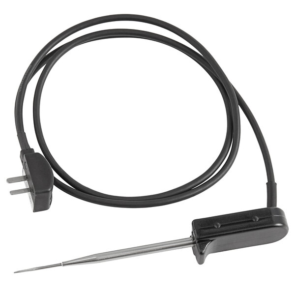 A black probe with a metal connector on a black cord.