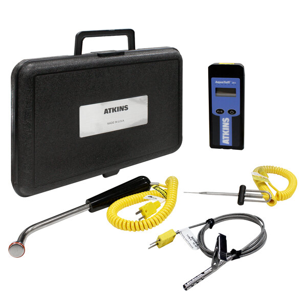 A Cooper-Atkins AquaTuff Thermocouple Thermometer kit in a black plastic case with a handle and tools.