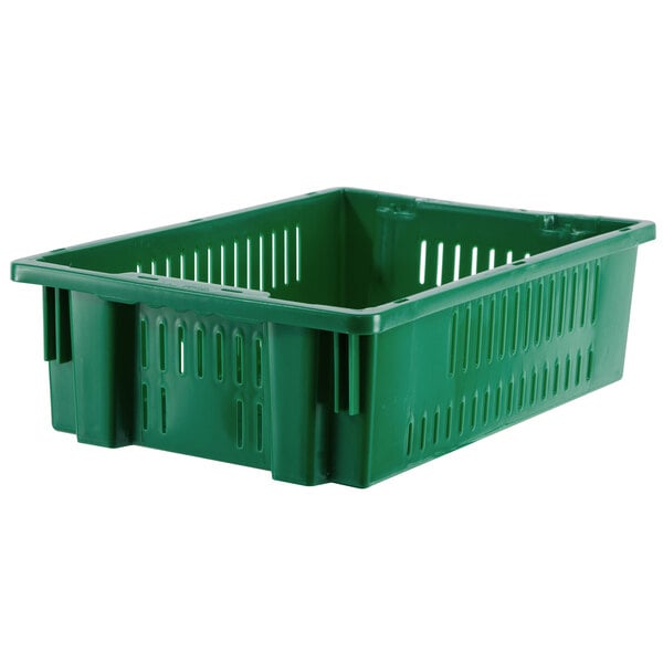 A green Orbis Stack-N-Nest crate with handles and vents.